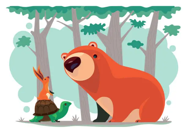 Vector illustration of bear meeting rabbit and tortoise