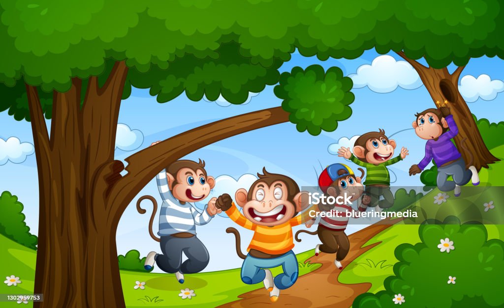 Five Little Monkeys Jumping In The Forest Scene Stock Illustration -  Download Image Now - Nursery Rhyme, Activity, Animal - iStock