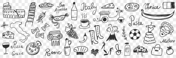 ilustraciones, imágenes clip art, dibujos animados e iconos de stock de set de garabatos símbolos de italia - italian culture rome europe cartoon
