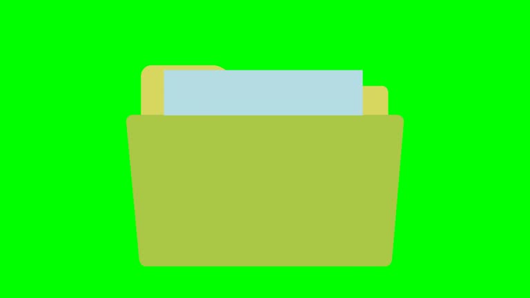 Video transition of opening a folder and displaying a blank page on green background (flat design)