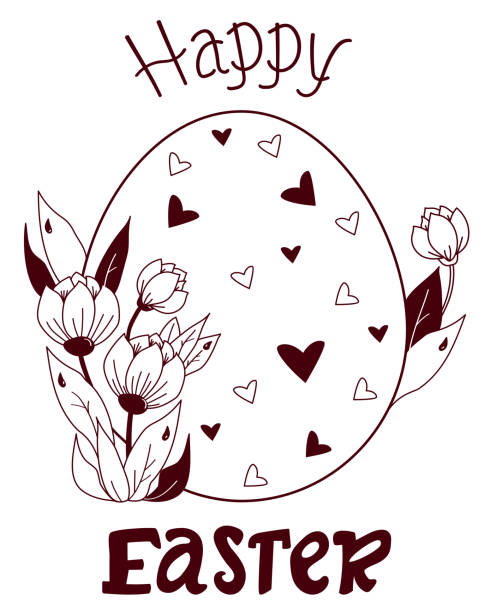 illustrazioni stock, clip art, cartoni animati e icone di tendenza di buona pasqua. biglietto di pasqua. grande uovo di pasqua con decorazioni e un bouquet di fiori primaverili, boccioli e foglie. vettore. linea nera, contorno - doodle sketch drawing letter