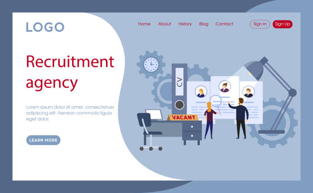 Recruitment Agency Concept Illustration In Cartoon Flat Style. Blue Background With Text. Internet Webpage Interface Layout. Two Characters With Magnifier Reading Paper Resumes Of Work Candidates Recruitment Agency Concept Illustration In Cartoon Flat Style. Blue Background With Text. Internet Webpage Interface Layout. Two Characters With Magnifier Reading Paper Resumes Of Work Candidates. recruitment agency stock illustrations