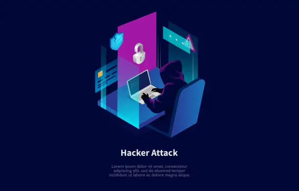 Vector illustration of Isometric Composition In Cartoon 3D Style. Vector Illustration On Dark Background With Text And Elements. Hacker Attack Concept Design. Character In Hood Sitting At Table, Cracking System With Laptop