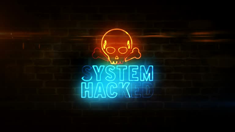 System hacked alert with skull symbol neon on brick wall