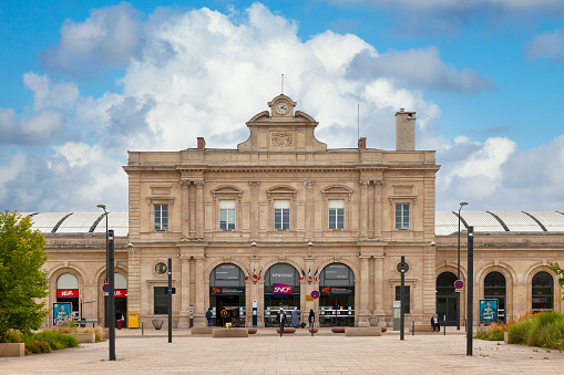 Reims, France - June 09 2020: Reims station is a railway station on the Soissons to Givet line, located near the city center of Reims, in the Marne department, in the Grand Est region.