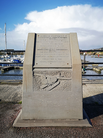 Burry Port, UK: February 18, 2021: Memorial in Burry Port Marina to Amelia Mary Earhart - who was the first female aviator to fly solo across the Atlantic Ocean in 1928.