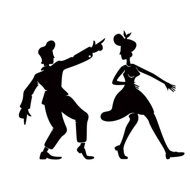 rock n roll tancerzy czarna sylwetka ilustracja wektorowa. retro ludzie w jive dance stanowią. vintage mężczyzna i kobieta. fajna para oldschoolowa 2d postaci z kreskówek kształtuje się do reklamowych, animacji, drukowania - dancing swing dancing 1950s style couple stock illustrations