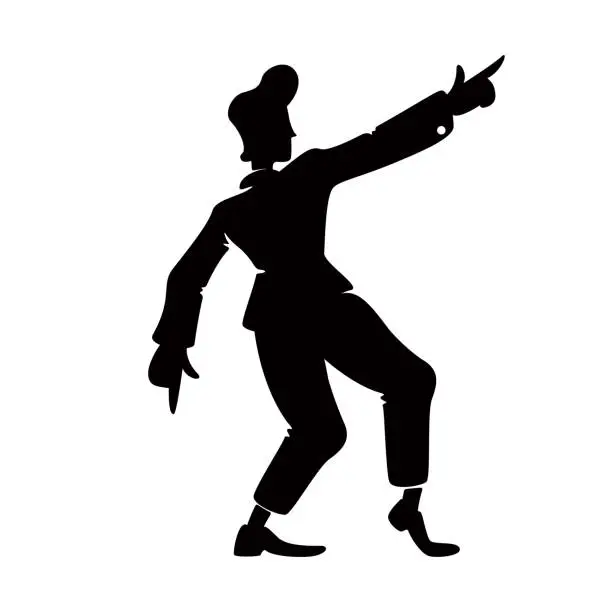 Vector illustration of Retro style confident guy black silhouette vector illustration. Old fashioned male person in hand up pose. Rock n roll dancer, 1940s man 2d cartoon character shape for commercial, animation, printing