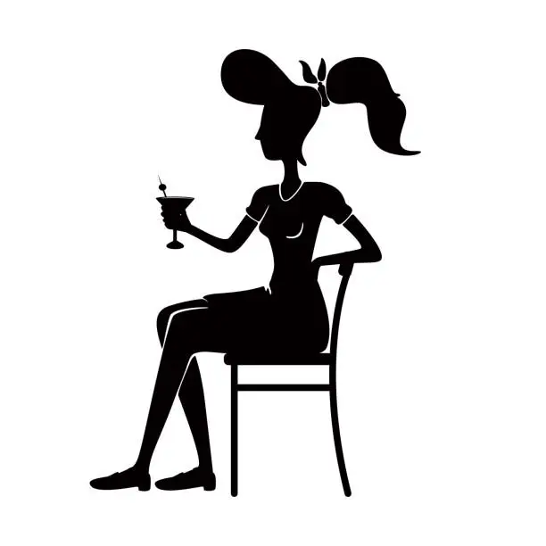 Vector illustration of Retro style woman with cocktail black silhouette vector illustration. Sitting on chair person pose. Old fashioned lady drinking alcohol 2d cartoon character shape for commercial, animation, printing