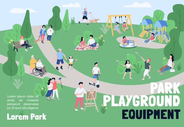 ilustrações de stock, clip art, desenhos animados e ícones de park playground equipment banner flat vector template. brochure, poster concept design with cartoon characters. outdoor recreation, weekend picnic horizontal flyer, leaflet with place for text - man made space