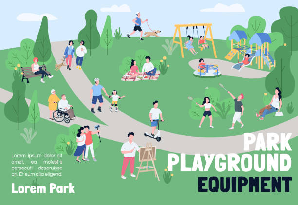 Park playground equipment banner flat vector template. Brochure, poster concept design with cartoon characters. Outdoor recreation, weekend picnic horizontal flyer, leaflet with place for text Park playground equipment banner flat vector template. Brochure, poster concept design with cartoon characters. Outdoor recreation, weekend picnic horizontal flyer, leaflet with place for text public park illustrations stock illustrations