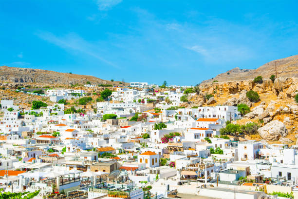 Rhodes, Greece - 5 August 2019: Beautiful landscape of Lindos old town on the Rhodes island, Greece