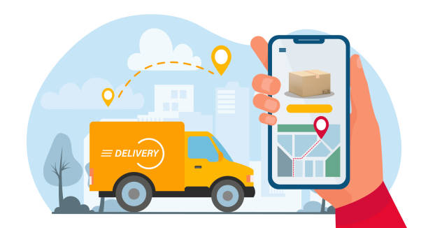 Delivery service concept, yellow delivery car, hand holding smartphone with location Delivery service concept, yellow delivery car, hand holding smartphone with location and parcel. Vector illustration in flat style truck trucking car van stock illustrations