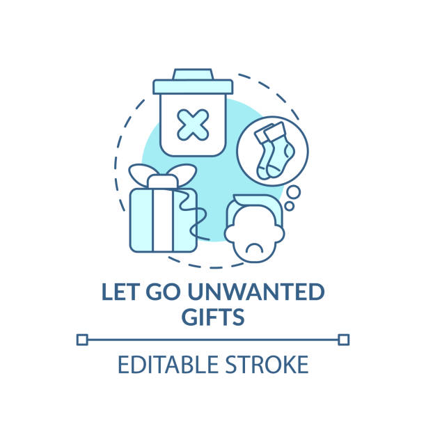 Letting go unwanted gifts concept icon Letting go unwanted gifts concept icon. Declutter and minimizing rubbish in house idea thin line illustration. Enjoy of belonging things. Vector isolated outline RGB color drawing. Editable stroke complexity messy chaos house stock illustrations