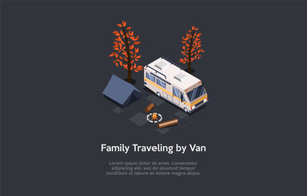 illustrations, cliparts, dessins animés et icônes de famille voyageant en van, camping recreation composition conceptuelle. illustration vectorielle, modèle 3d de dessin animé. conception isométrique avec des écritures et fond foncé. grand camion, tente, cheminée et arbres - coach bus illustrations