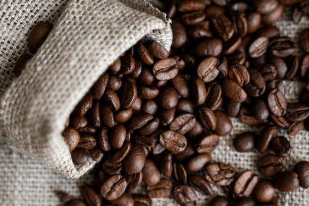 린넨 가방에서 흩어져 있는 커피. 린넨 섬유에 신선한 아라비카 커피 콩. - latté cookie cappuccino coffee crop 뉴스 사진 이미지