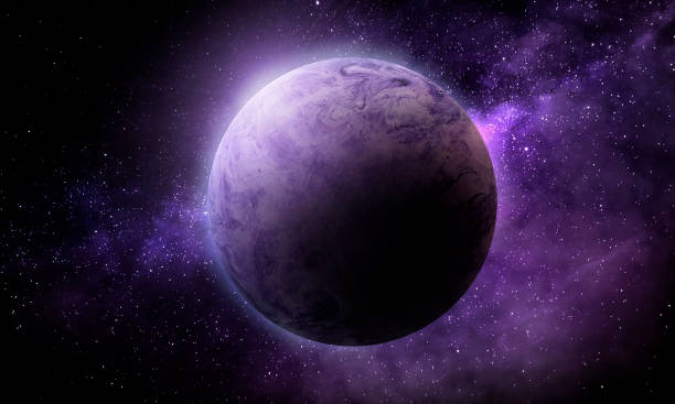 istock abstract space illustration, 3d image, background, moon in space in purple colors 1302977061