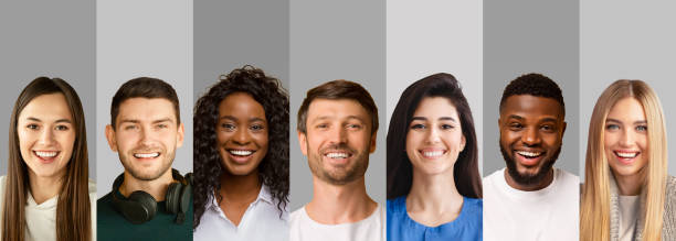 istock Diverse joyful people portraits in collage over grey studio backgrounds, panorama with copy space 1302977289