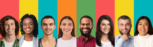 istock Collage of different people portrairs smiling on bright studio background, panorama with free space. Multiethnic society 1302977321