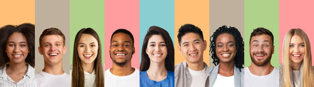 istock Set of multicultural people portraits over pastel color studio backgrounds, creative collage. Diverse society mosaic 1302977370