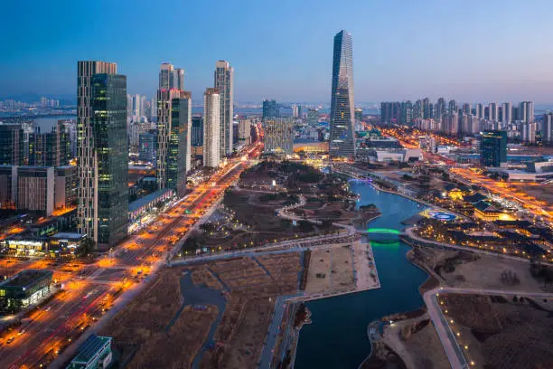 Korea city with Beautiful after sunset, Central park in Songdo District, Incheon South Korea.