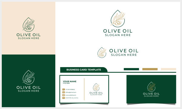 ilustraciones, imágenes clip art, dibujos animados e iconos de stock de etiqueta dibujada a mano de diseño de logotipo de aceite de oliva virgen extra con plantilla de tarjeta de visita - aceite de oliva