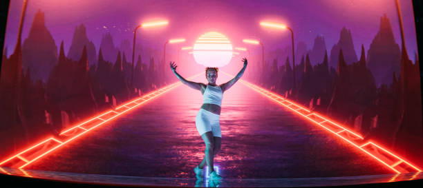 istock Female modern dancer performing on projection background. Surreal, digital landscape with highway 1302979058