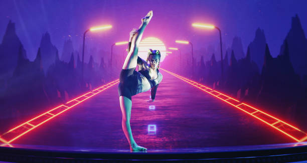 istock Female modern dancer performing on projection background - split. Surreal, digital landscape with highway 1302979064