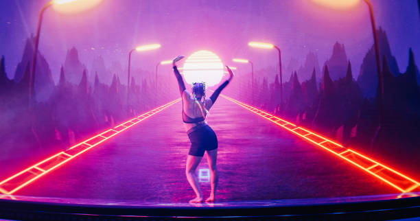 istock Female modern dancer performing on projection background. Surreal, digital landscape with highway 1302979079