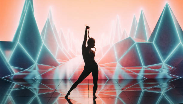 istock Female modern dancer performing on projection background. Inside surreal, digital landscape with purple mountains and neon lightning 1302979142