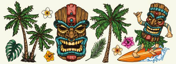 Vintage surfing elements colorful concept Vintage surfing elements colorful concept with palms tropical flowers and surfer in hawaiian tiki mask riding wave isolated vector illustration tiki mask stock illustrations