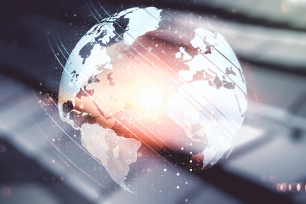 istock Abstract creative world map interface on blurry abstract metal background, international trading concept. Multiexposure 1302981335