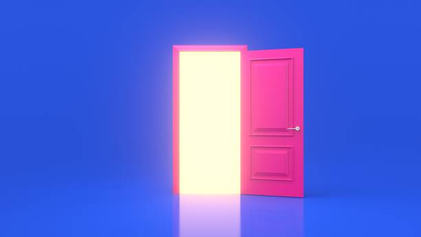 istock Yellow light inside an open pink door isolated on a blue background. Room interior design element. Modern minimalistic concept. Metaphor of possibilities. 3d render 1302984665