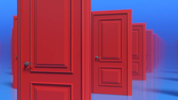 istock Rows of red wooden closed doors. 3d render 1302984944