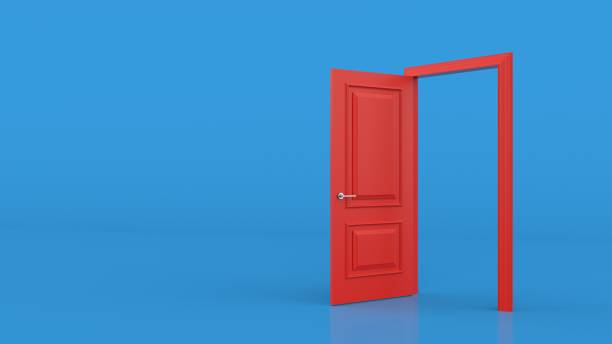 파란색 배경 방에 빨간색 문이 열린 입구. 최소한의 개념 아이디어 크리에이티브. 선택, 비즈니스 및 성공 개념. 환영, 입력 초대 또는 새로운 기회에 대한 개념 그림입니다. 3d 렌더 - door 뉴스 사진 이미지