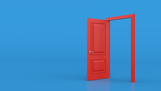 Red door open entrance in blue background room. Minimal concept idea creative. Choice, business and success concept. Concept illustration for welcome, invitation to enter or new opportunity. 3D render