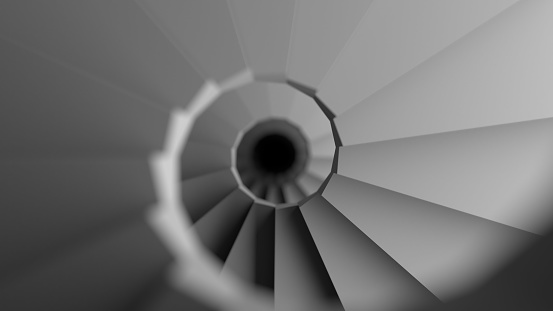 Design spiral staircase made of concrete. Stair to the future. Endless stair. Concept of climbing to success and finding yourself. Dark gray background. View from above. 3d render of abstract interior