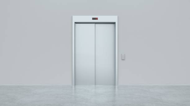 istock Blank silver closed elevator in office floor interior mock up, front view. Modern lift with closed metal doors. Business center or hotel lifting template. Success and possibilities concept. 3d render 1302985755