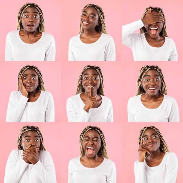 Mosaic collage of black woman expressing different emotions Different Emotions Collage. Composite mosaic set of african american female emotional portraits. Young black woman grimacing and reacting on camera at pink studio background, image montage facial expression stock pictures, royalty-free photos & images