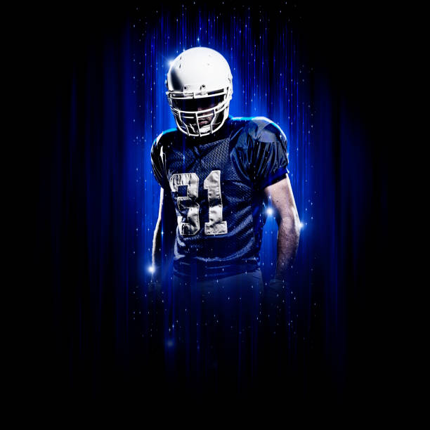 istock Hero Football Player wearing a blue uniform 1302987981