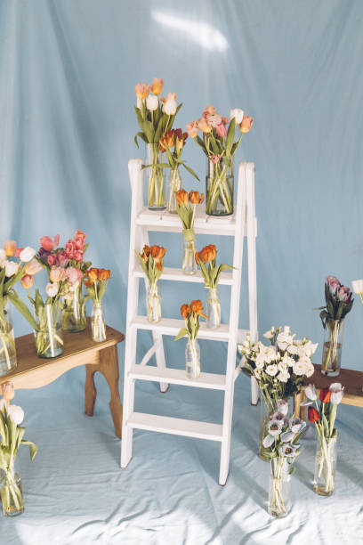 istock white tulips, red tulips, and pink tulips in a vase. 1302988113