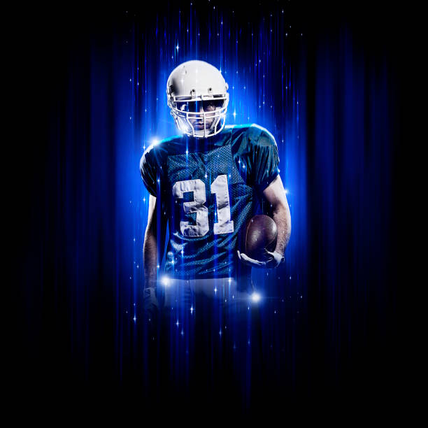 istock Hero Football Player wearing a blue uniform 1302988173