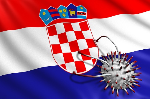 Croatian Flag attacked by Covid-19 Virus. Pandemic Corona Virus Concept