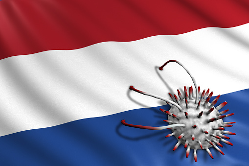 Dutch Flag attacked by Covid-19 Virus. Pandemic Corona Virus Concept