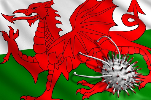Welsh Flag attacked by Covid-19 Virus. Pandemic Corona Virus Concept