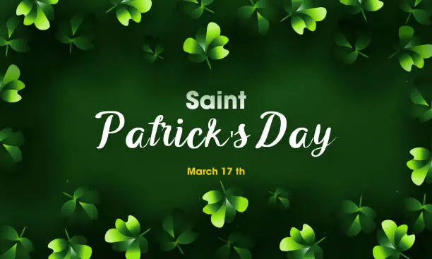 Vector illustration of Happy Saint Patrick's Day background with realistic green shamrock leaves