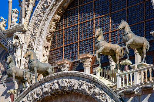 The Horses of Saint Mark (Triumphal Quadriga), four bronze statues of horses on the facade of St Mark's Basilica in Venice, Italy