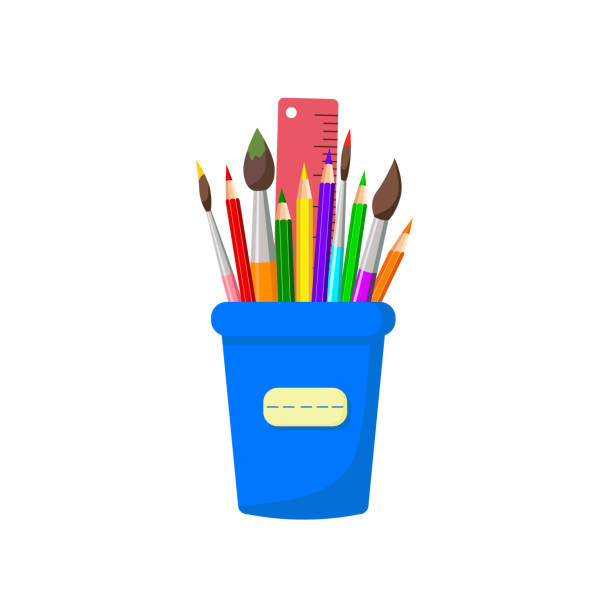 illustrazioni stock, clip art, cartoni animati e icone di tendenza di matite, pennelli, righello in piedi, isolato su sfondo bianco - pencil yellow single object office