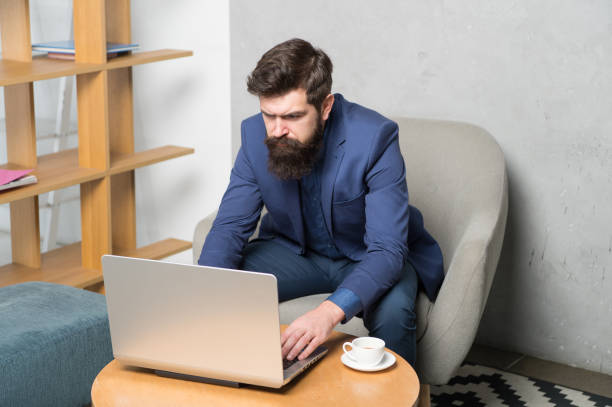 istock Businessman work laptop. Responding business email. Surfing internet. Project manager. Digital business. Financial consultation. Banker or accountant. Business correspondence. Modern businessman 1302995378