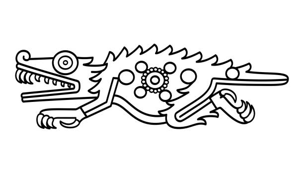 ilustraciones, imágenes clip art, dibujos animados e iconos de stock de símbolo de cocodrilo azteca, cipactli, ilustración en blanco y negro - dibujos de aztecas
